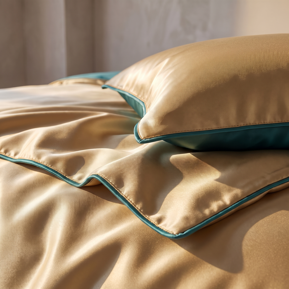 Close detail of the silk bedding sheen drape and piped edge