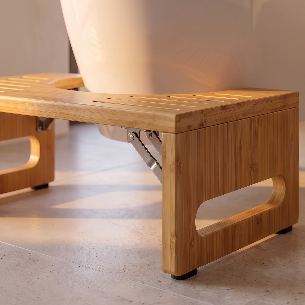 Close detail of the bamboo stool slats hinge and non slip feet