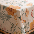 Close detail of the floral tablecloth print and linen look texture