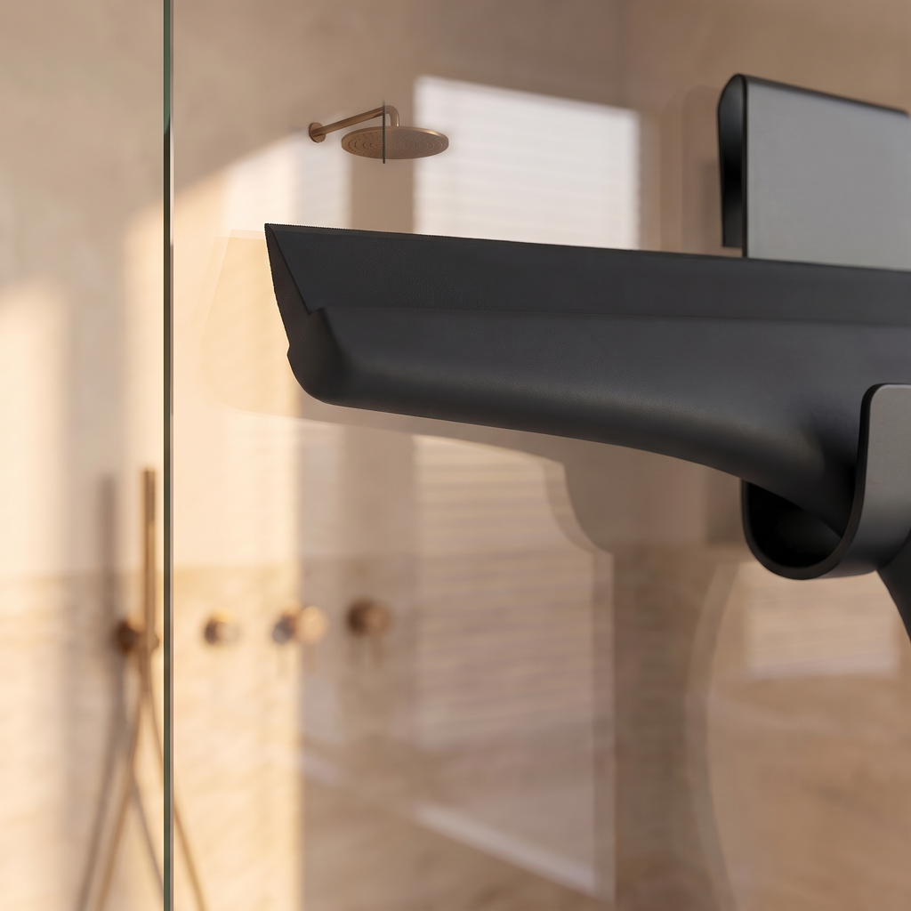 Close detail of the shower squeegee silicone blade edge and handle join