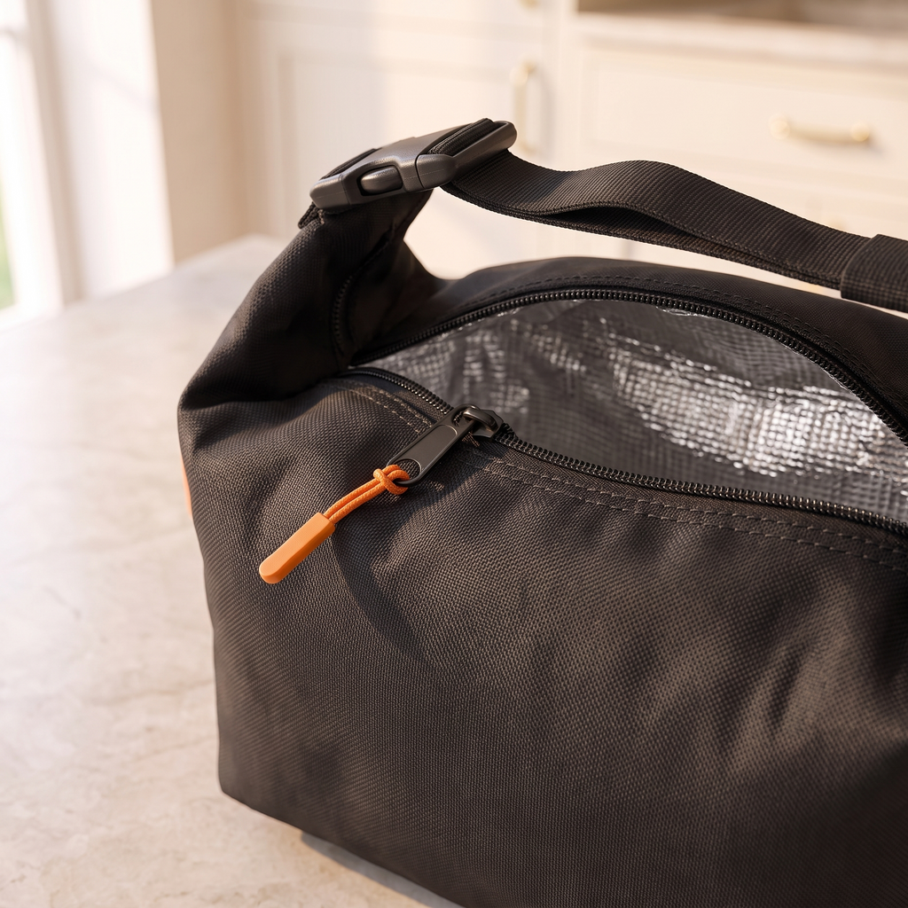 Close detail of the lunch bag zip and insulated lining