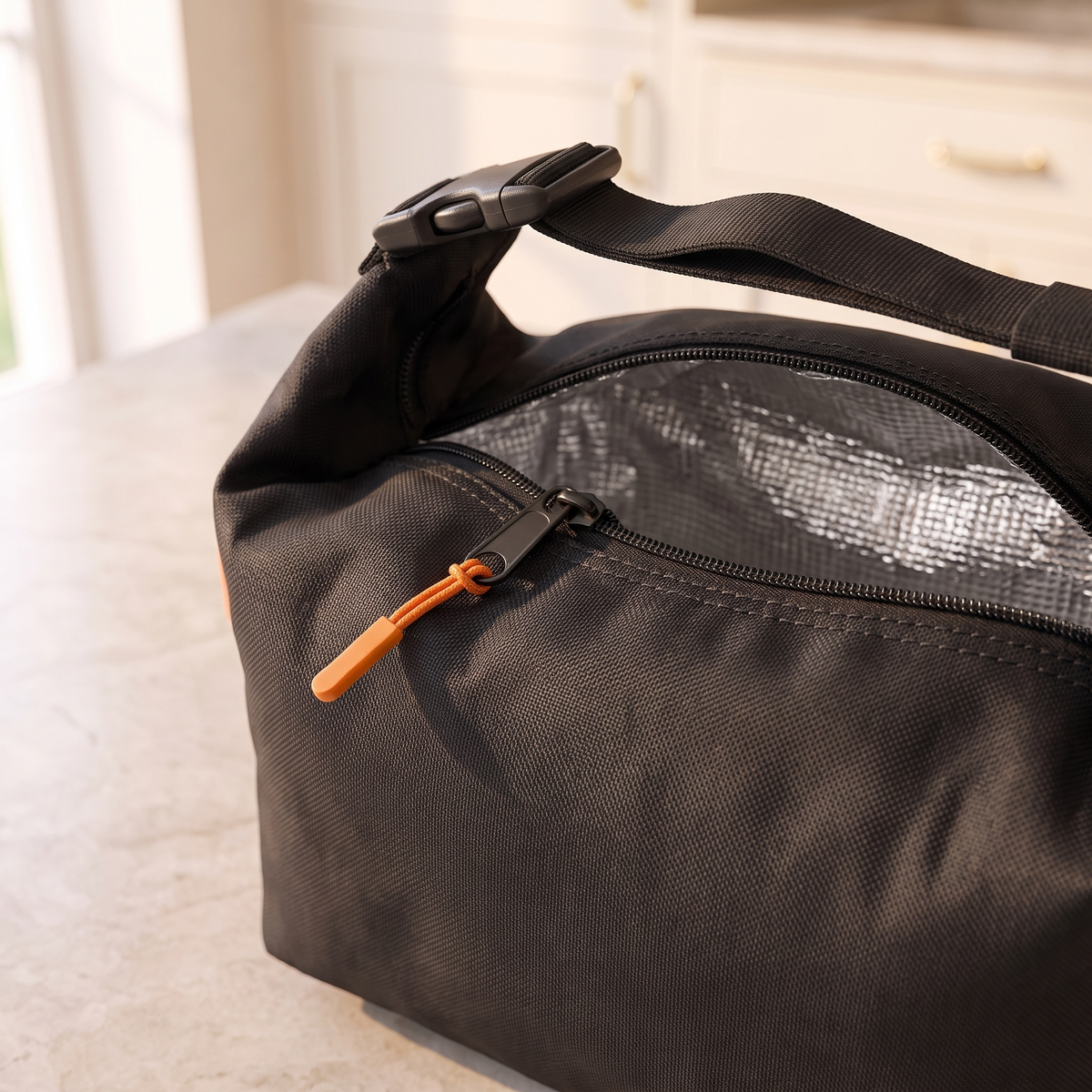 Close detail of the lunch bag zip and insulated lining