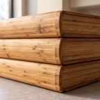 Close detail of the chopping board wood grain and spine edge