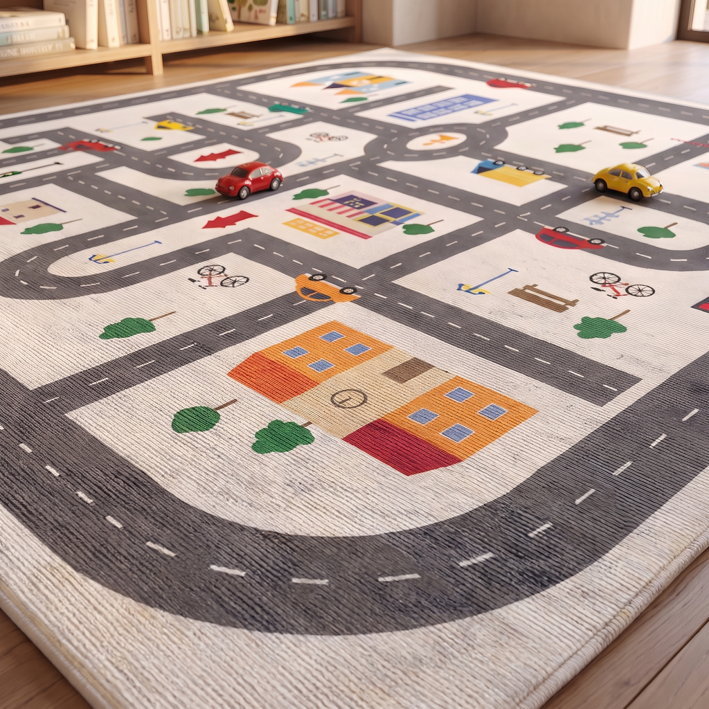 Close detail of the play mat printed road markings and pile