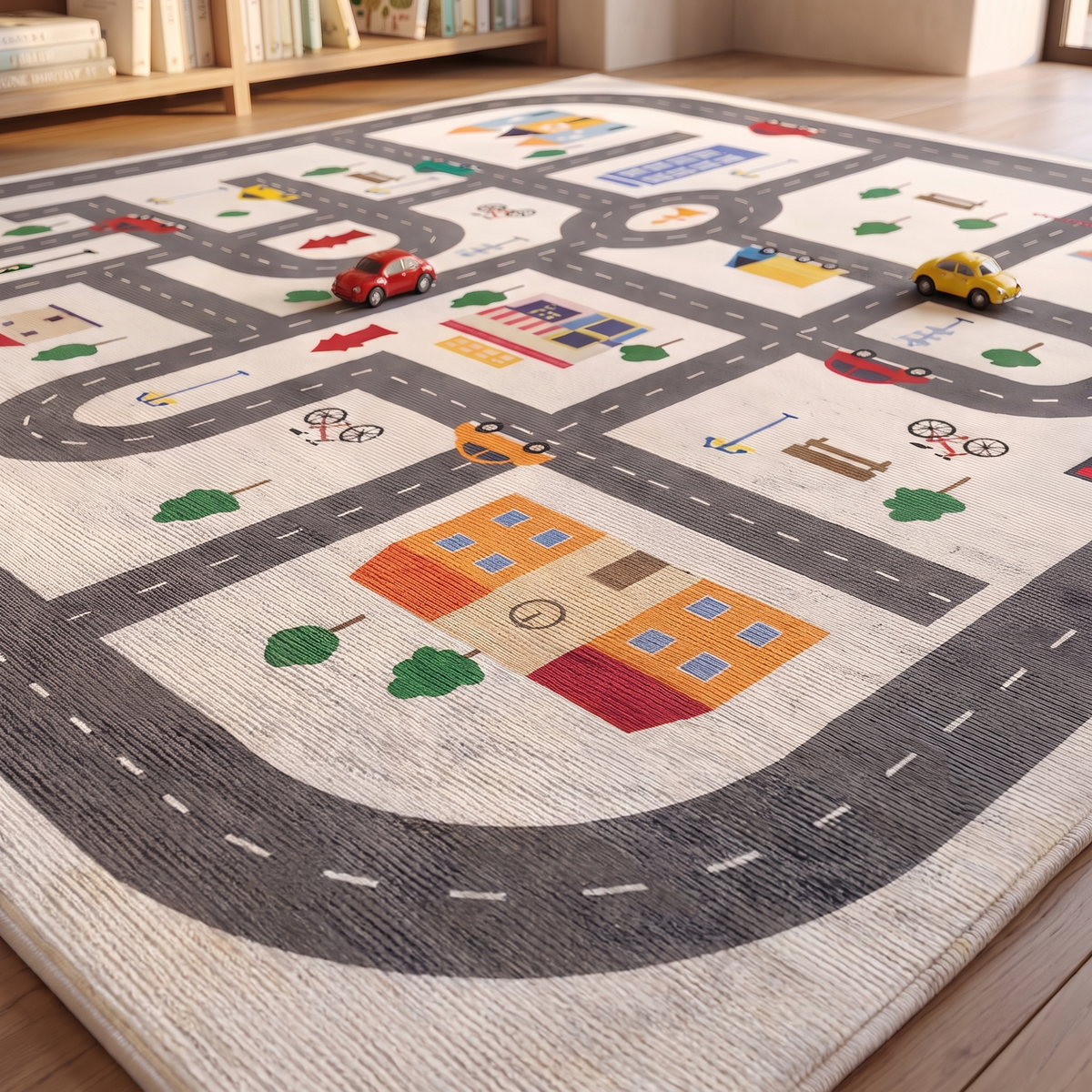 Close detail of the play mat printed road markings and pile
