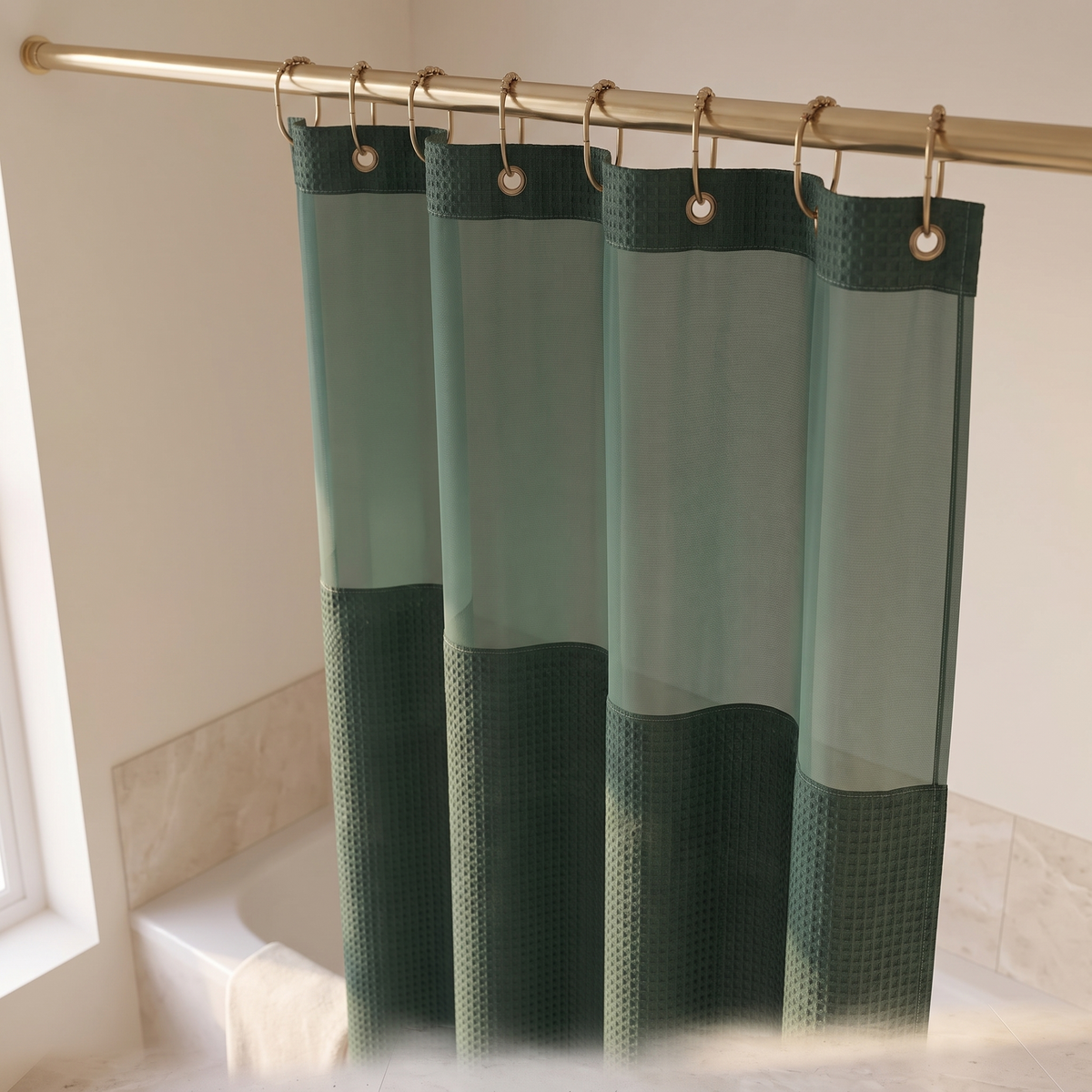 Close detail of the shower curtain top fixing and waterproof fabric