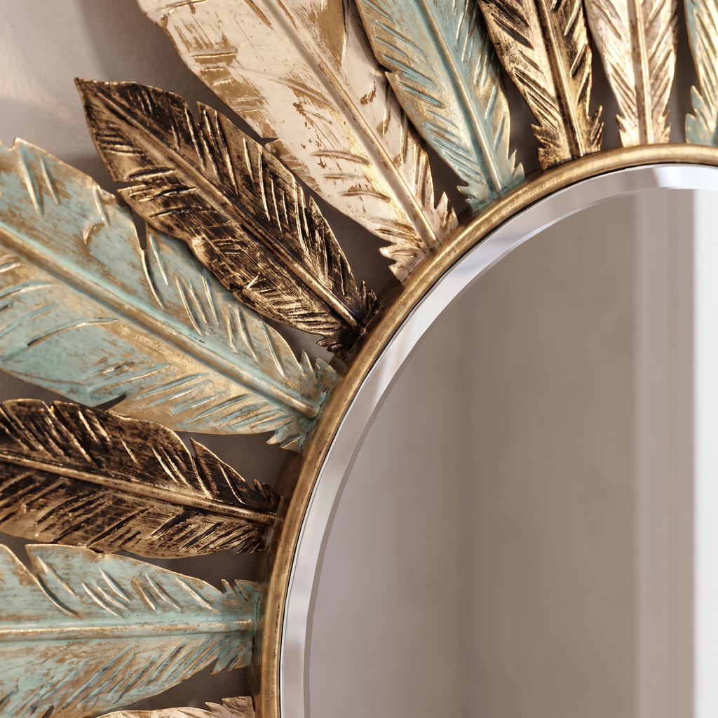 Close detail of the sunburst mirror leaf metalwork and glass edge