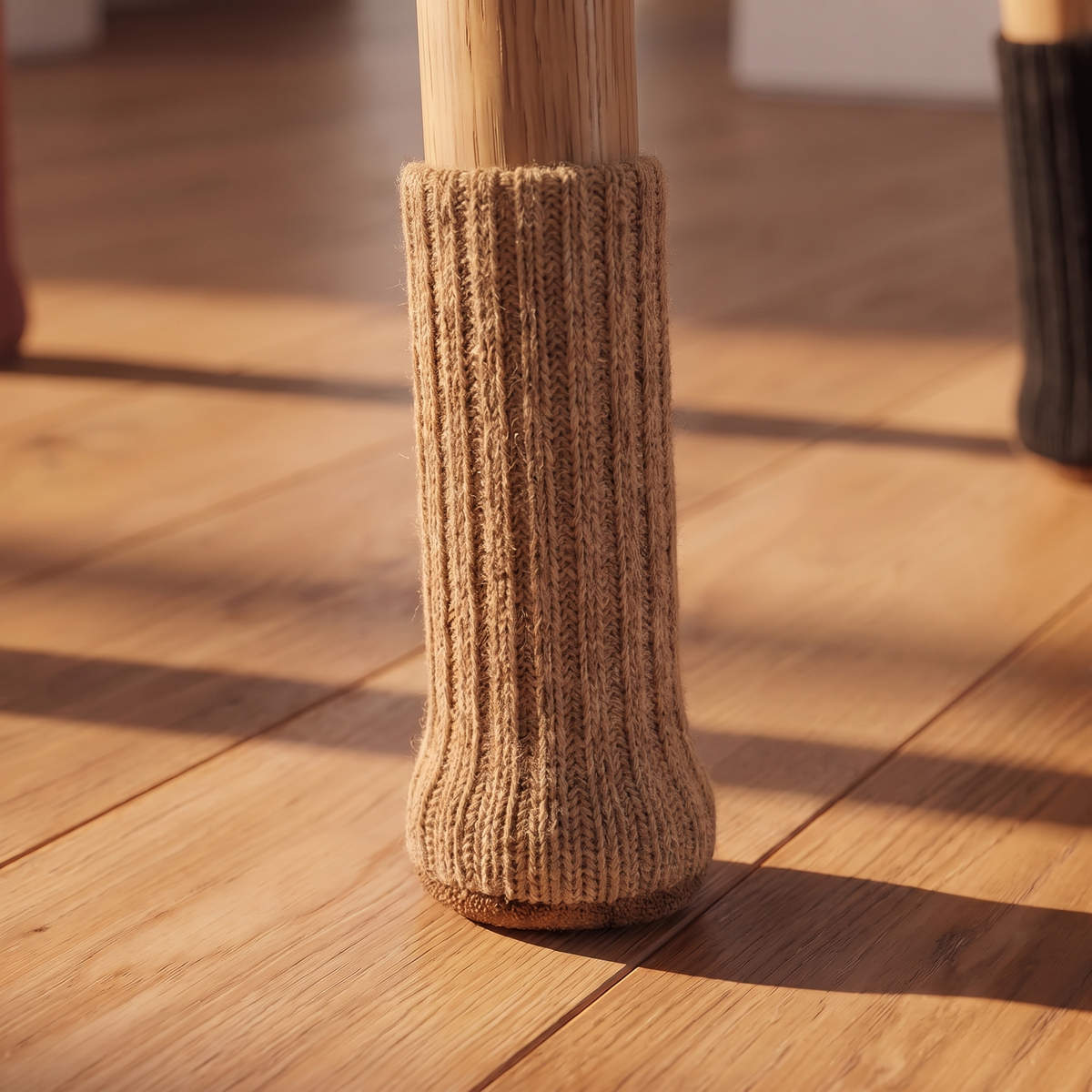 Close detail of a knitted chair leg sock on a chair leg