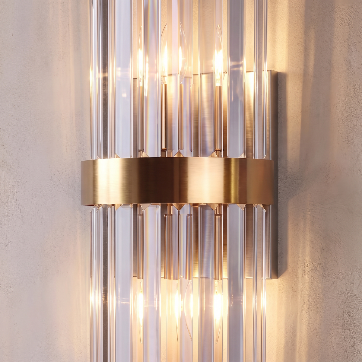Close detail of the crystal wall light crystals and steel backplate
