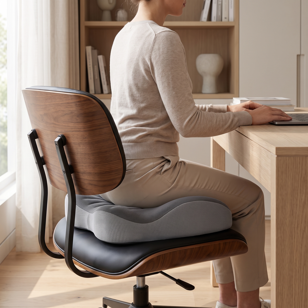 Atelierée orthopaedic seat cushion in use on an office chair