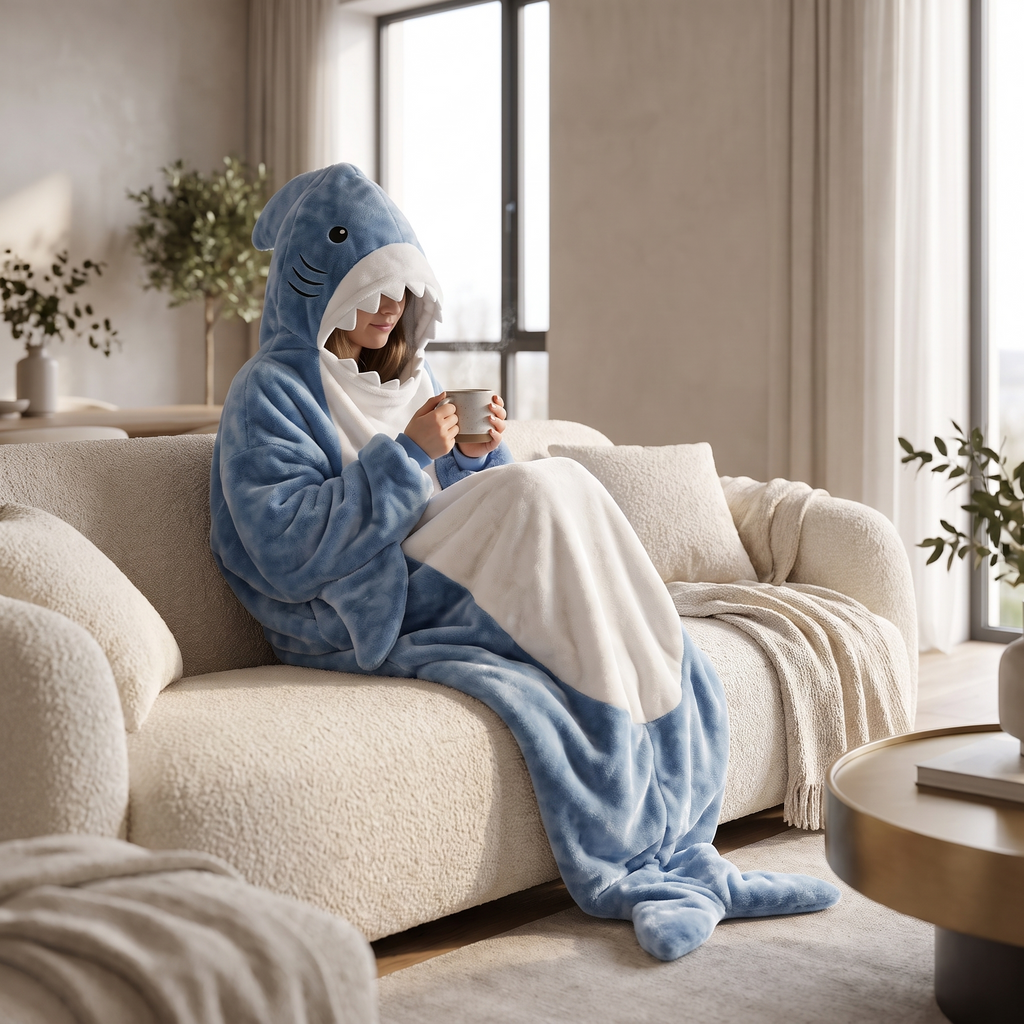 Atelierée hooded fleece blanket being worn on a sofa