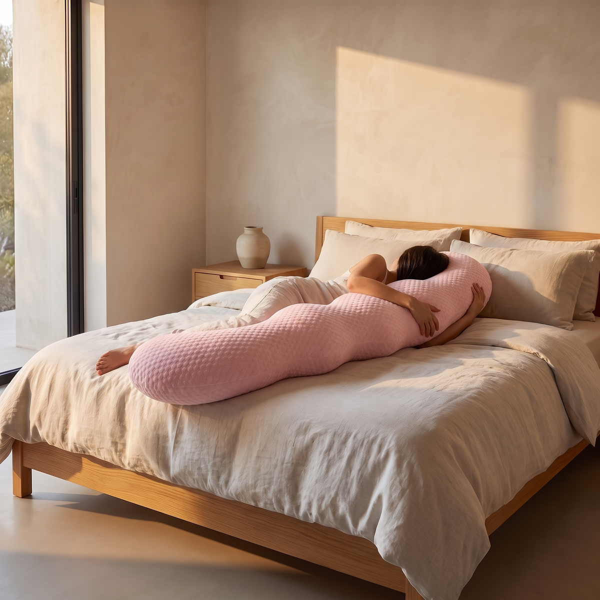 Atelierée dino full body pillow in use, hugged in bed
