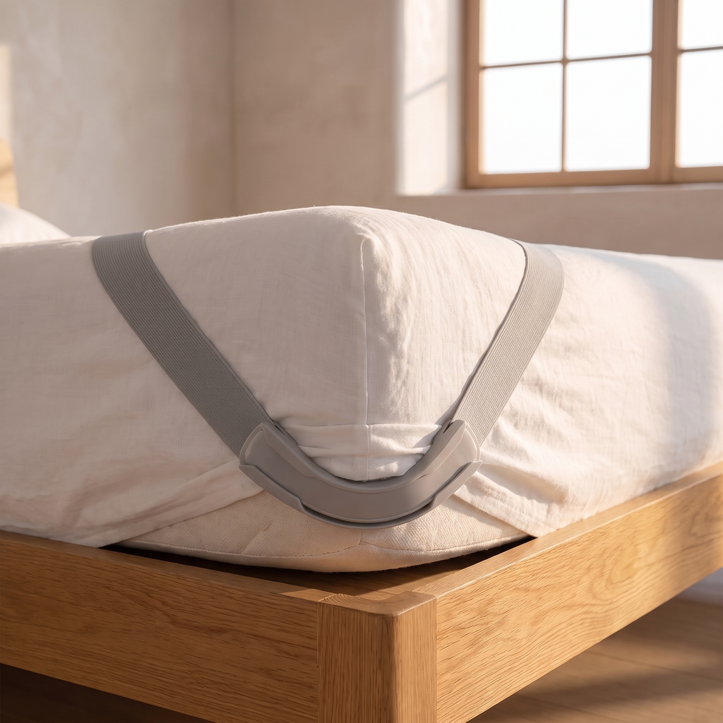 Atelierée sheet gripper strap in use under a mattress corner