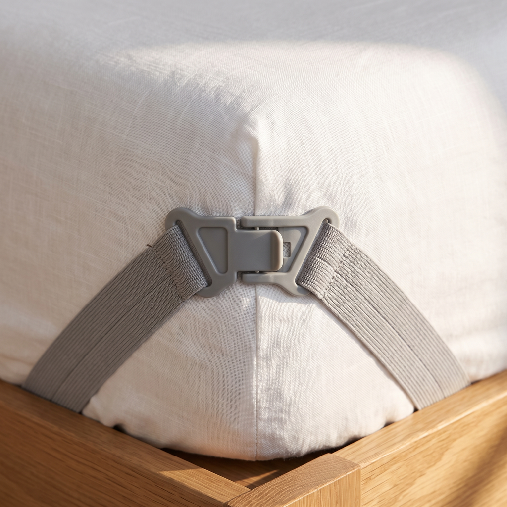 Close detail of the gripper clip holding a fitted sheet