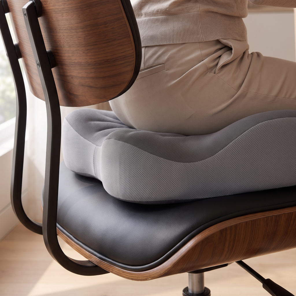 Close detail of the seat cushion and coccyx cutout in use