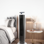 Smart bladeless tower fan on a plain white background