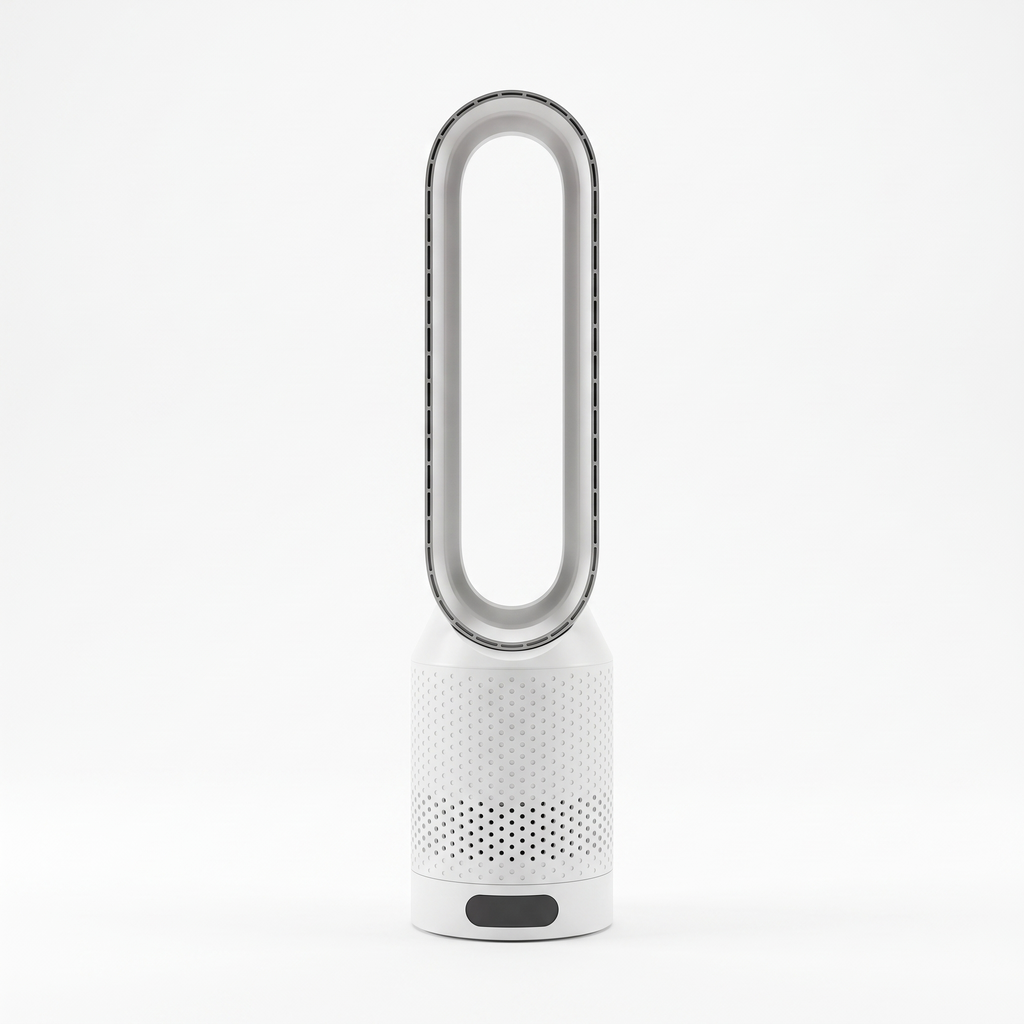 Bladeless tower cooling fan on a plain white background