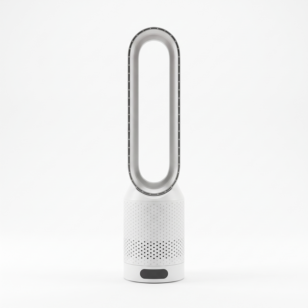 Bladeless tower cooling fan on a plain white background