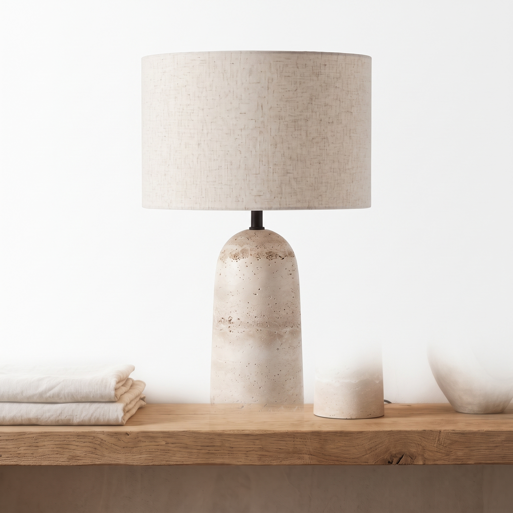 Armine travertine table lamp on a plain white background