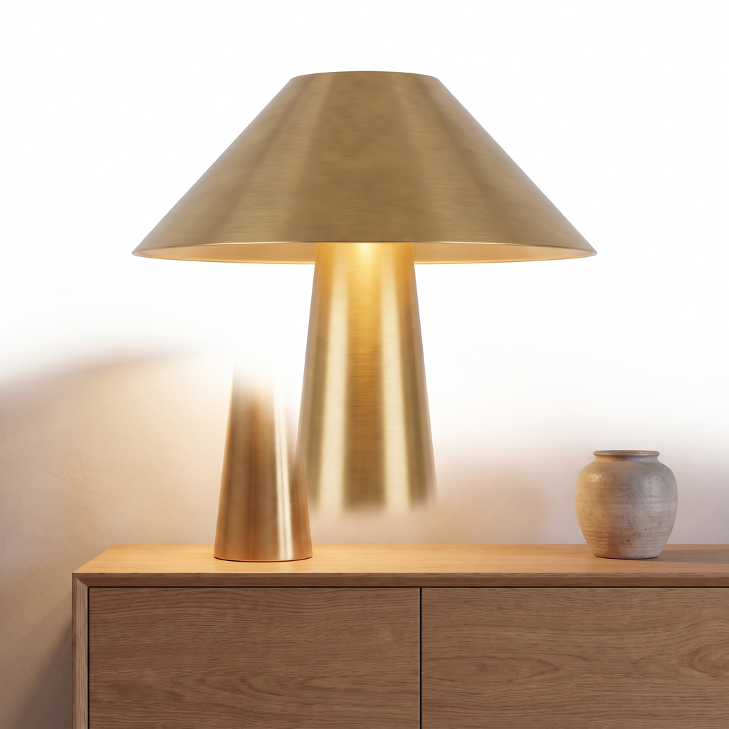 Perth brushed brass table lamp on a plain white background