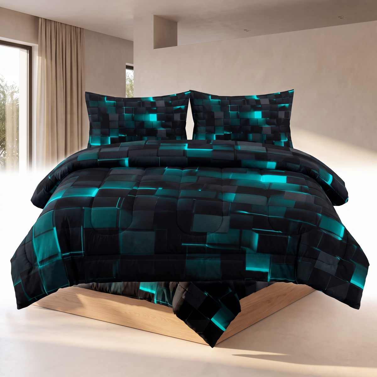 Modern geometric duvet set on a plain white background