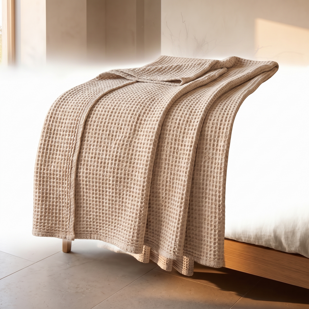Breathable cotton waffle blanket on a plain white background