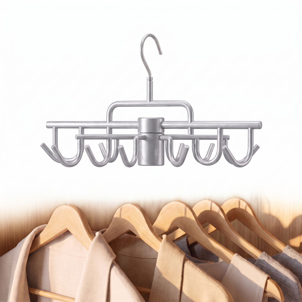 Rotating multi hook clothes hangers on a plain white background