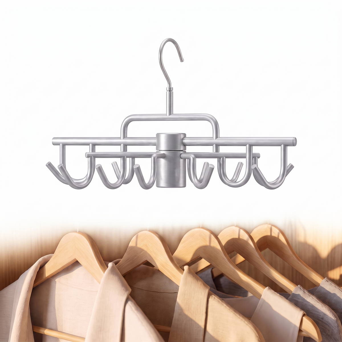 Rotating multi hook clothes hangers on a plain white background