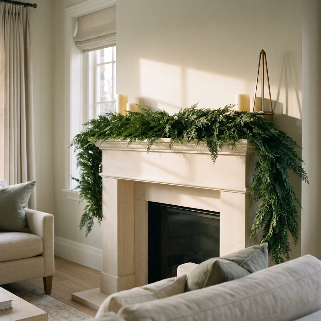 Thornwood cedar garland laid along a limestone fireplace mantelpiece with cream candles