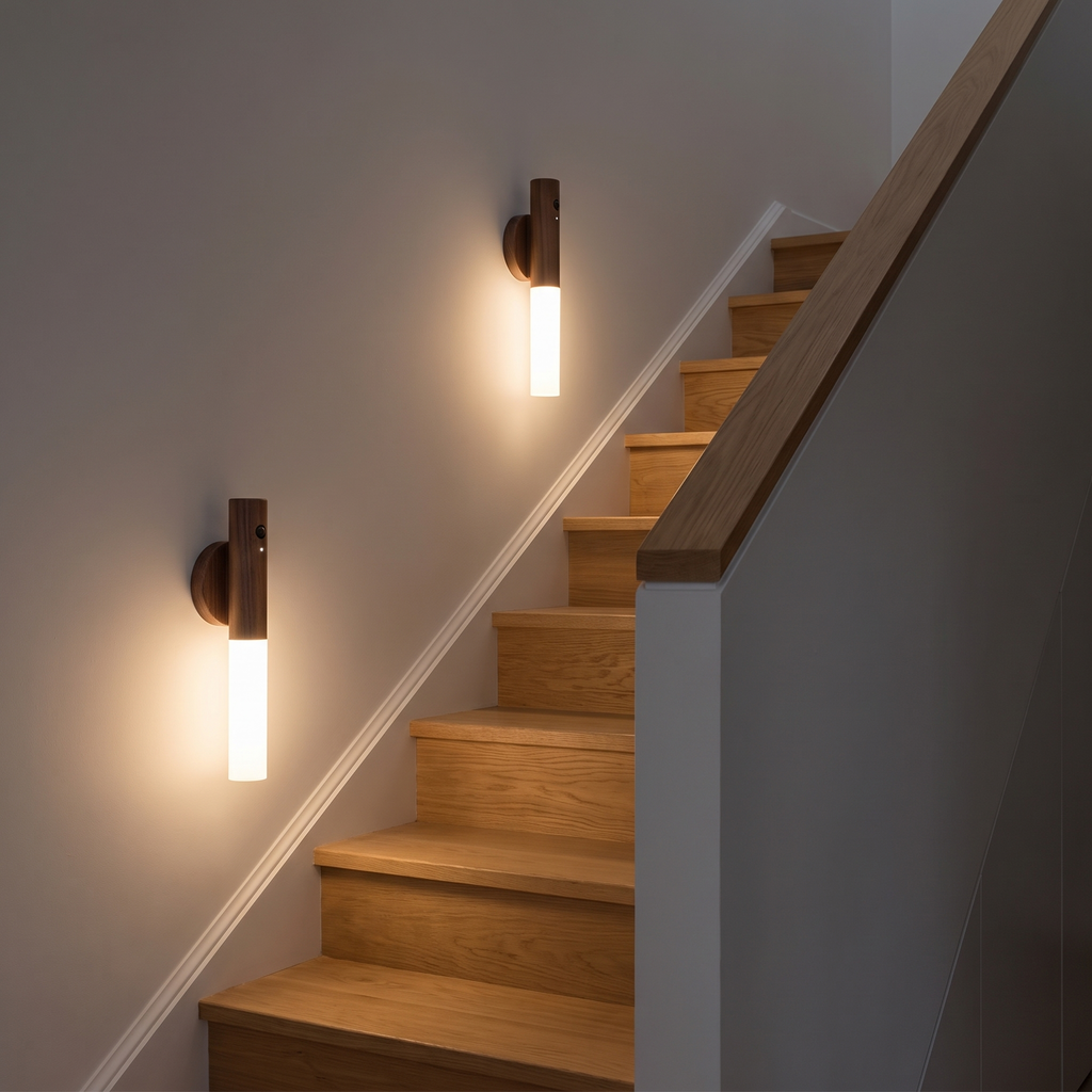 Two Noctis walnut wall lights mounted alongside a staircase lighting the treads