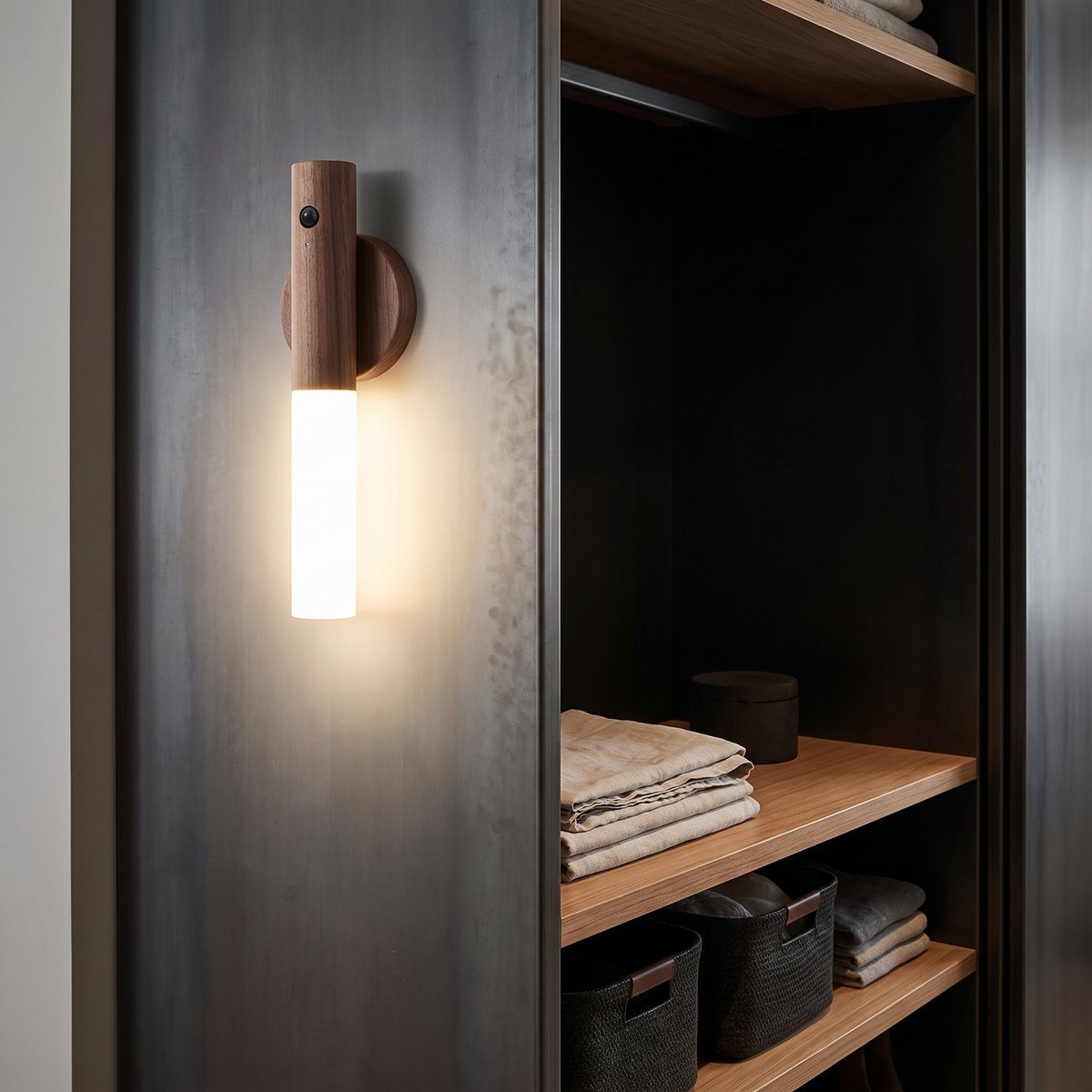 Noctis wall light attached by its magnetic back inside a dark wardrobe, lighting the space