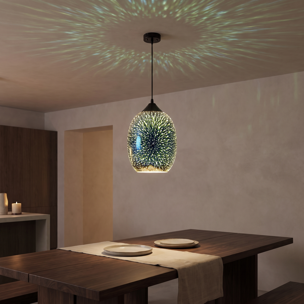 Stellaria pendant light lit above a walnut dining table casting a starburst across the ceiling
