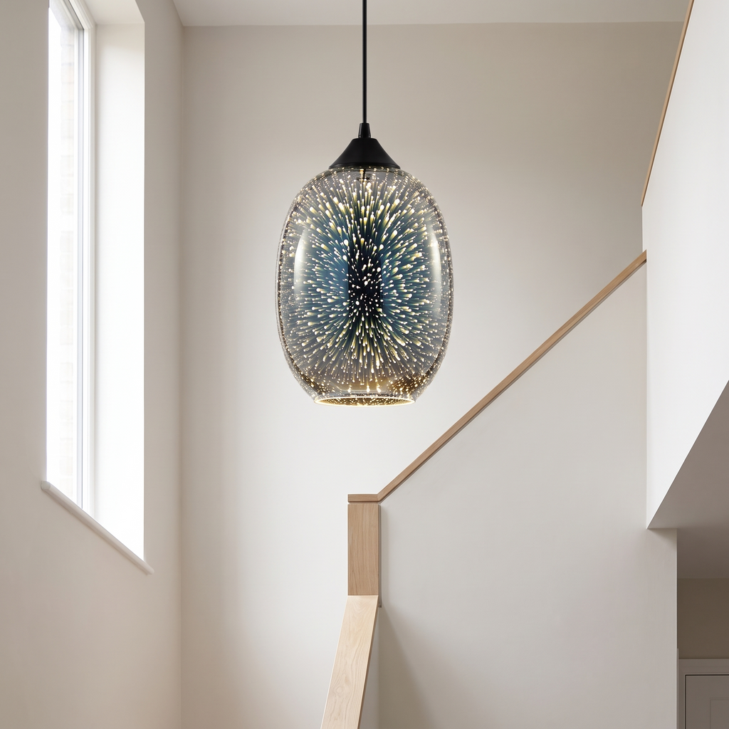 Stellaria pendant light hanging in a bright double height stairwell