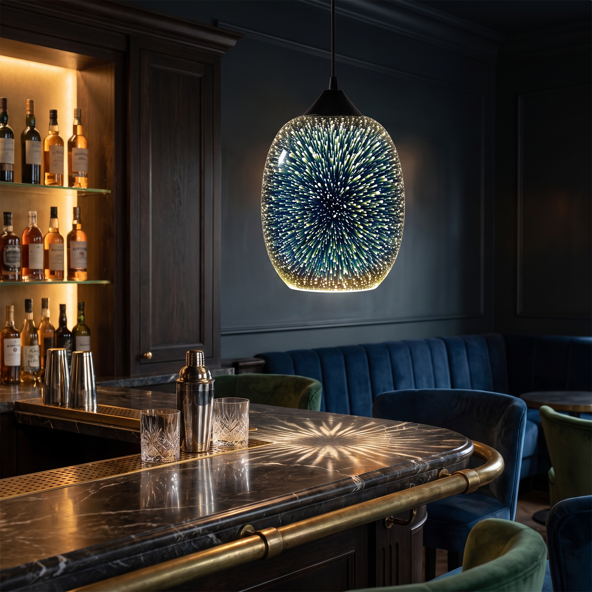 Stellaria pendant light above a dark marble bar counter in a low lit room