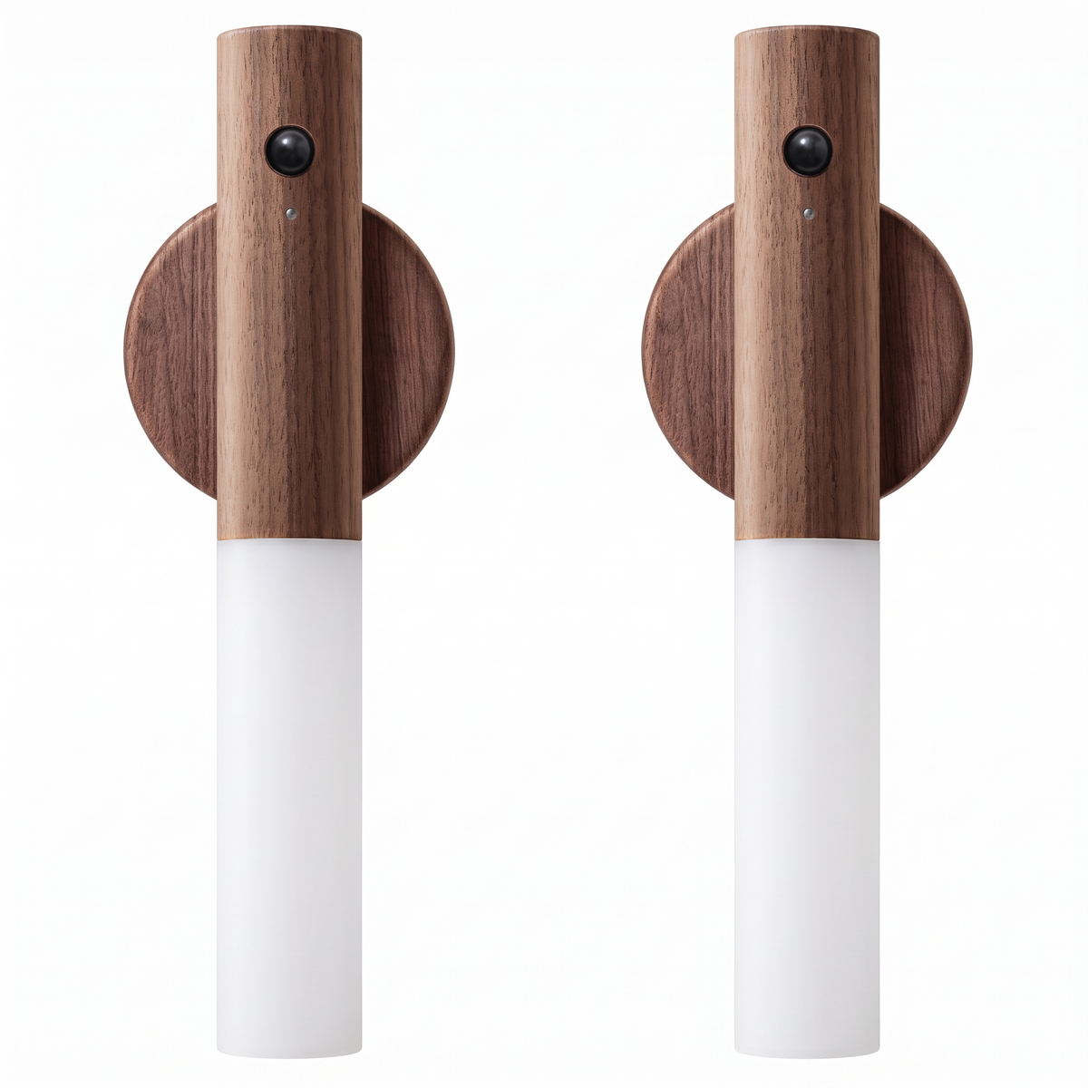 Atelierée Noctis walnut motion sensor wall lights, pair, on a pure white background