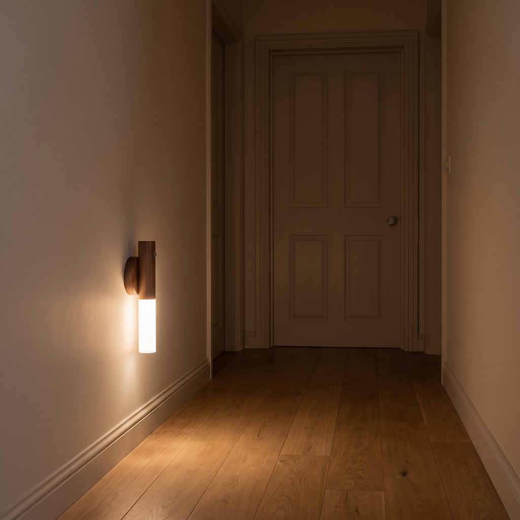 Noctis walnut wall light lit on a hallway wall casting a warm pool of light onto an oak floor
