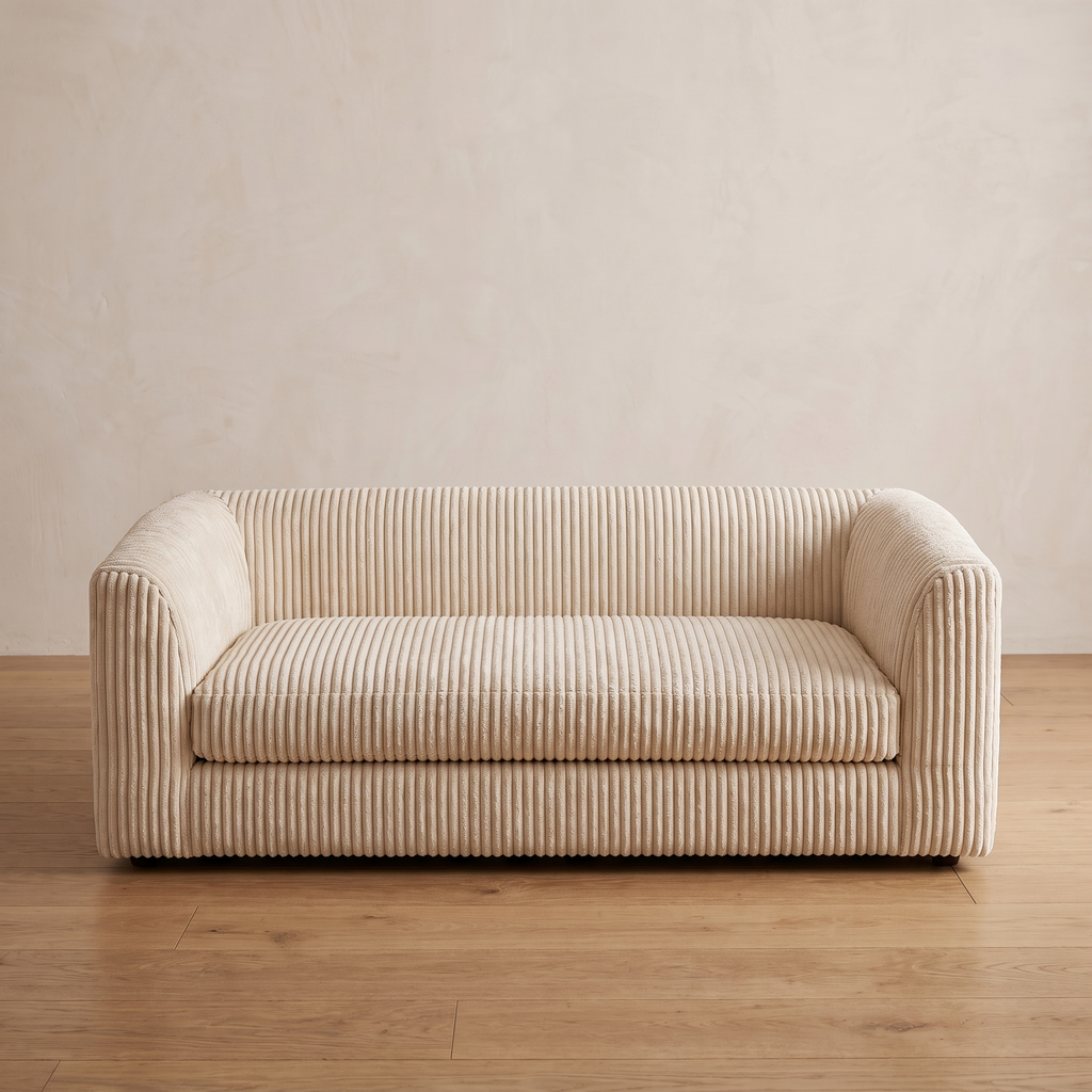 Atelieree Marlowe corduroy pet couch on an oak floor against a pale plastered wall