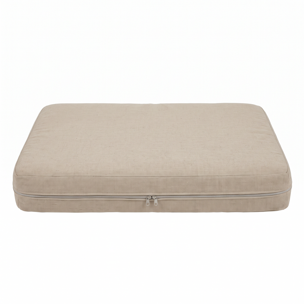Atelieree Sorrel beige linen dog bed mattress on a plain white background