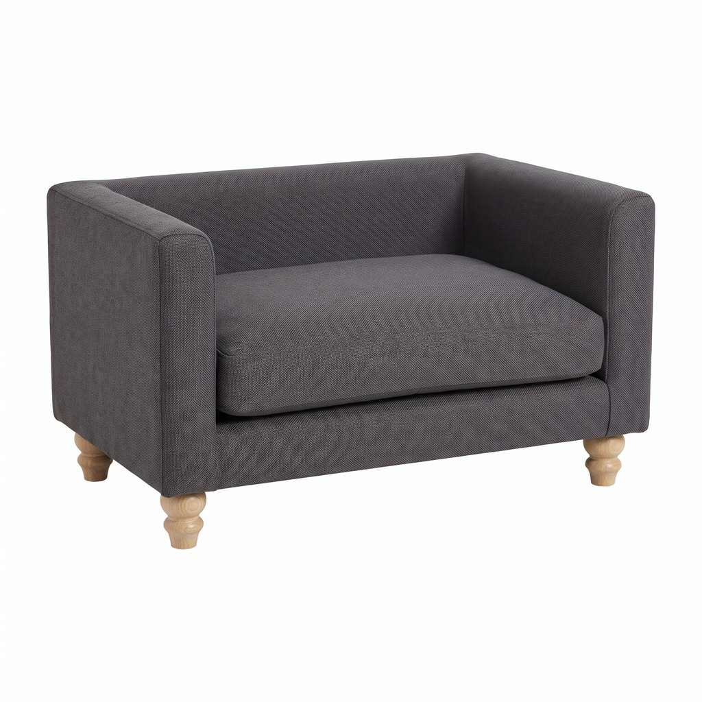 Atelieree Linnea elevated pet sofa in grey cotton on a plain white background