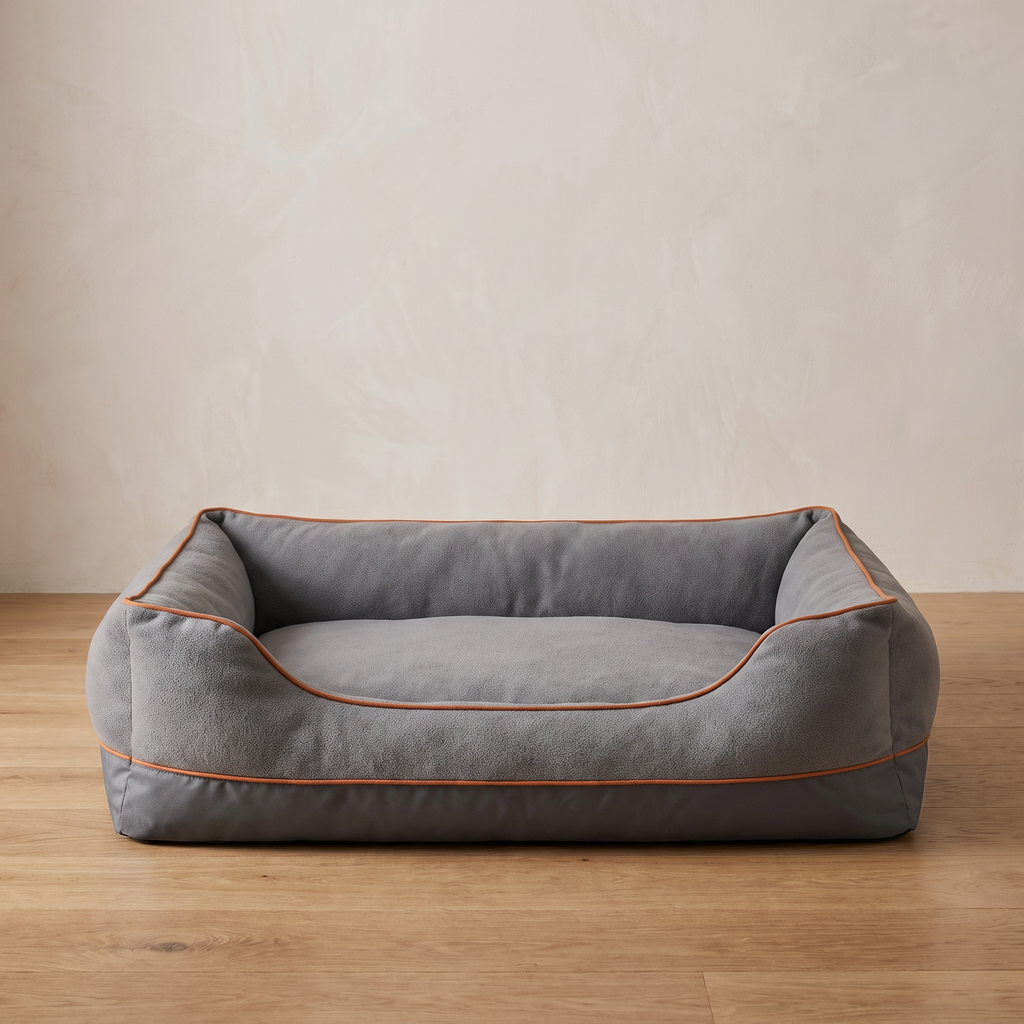 Atelieree Halston bolster dog bed on an oak floor against a pale plastered wall