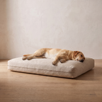 Labrador stretched out asleep on the Atelieree Sorrel linen dog mattress