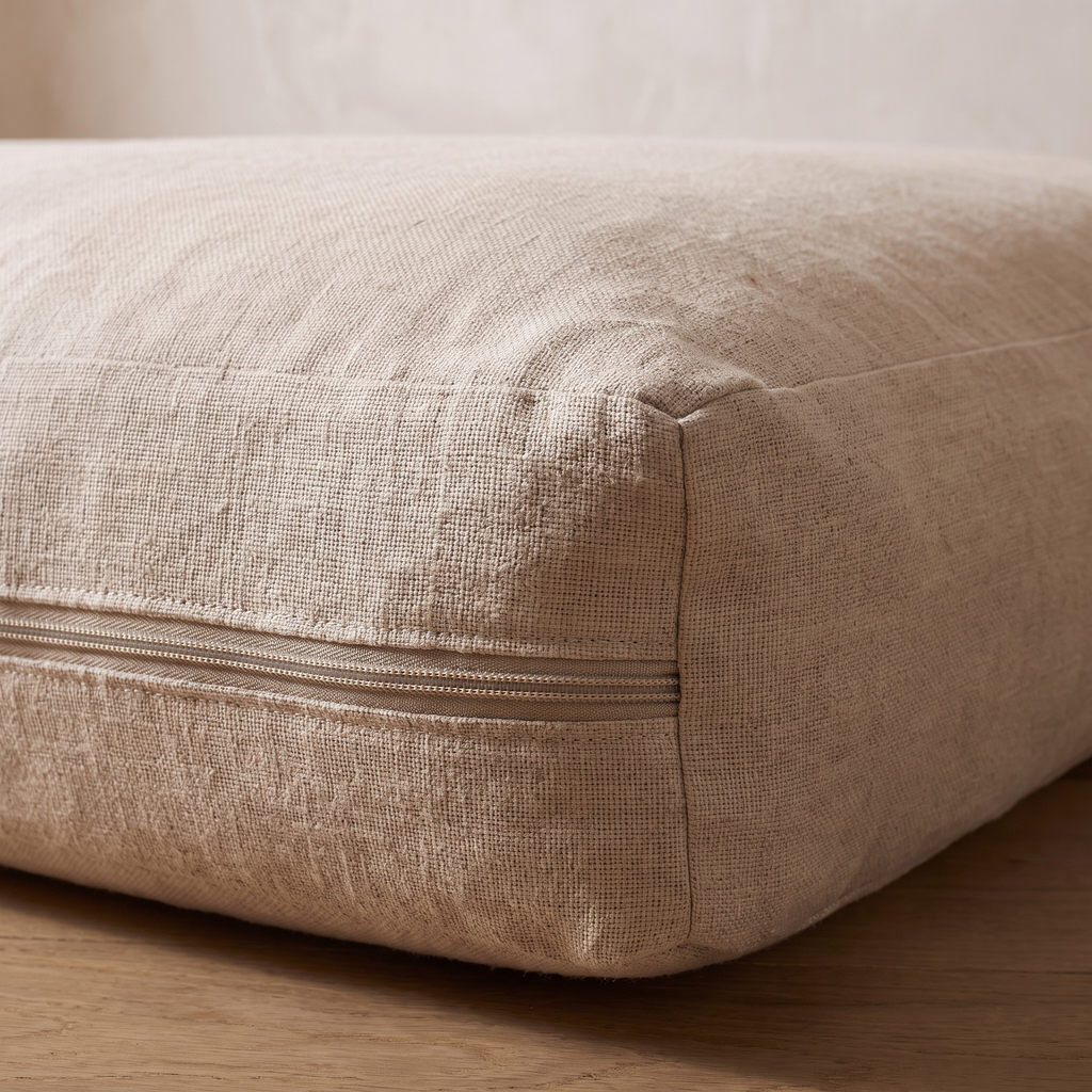 Close detail of the linen weave and zip on the Atelieree Sorrel dog mattress