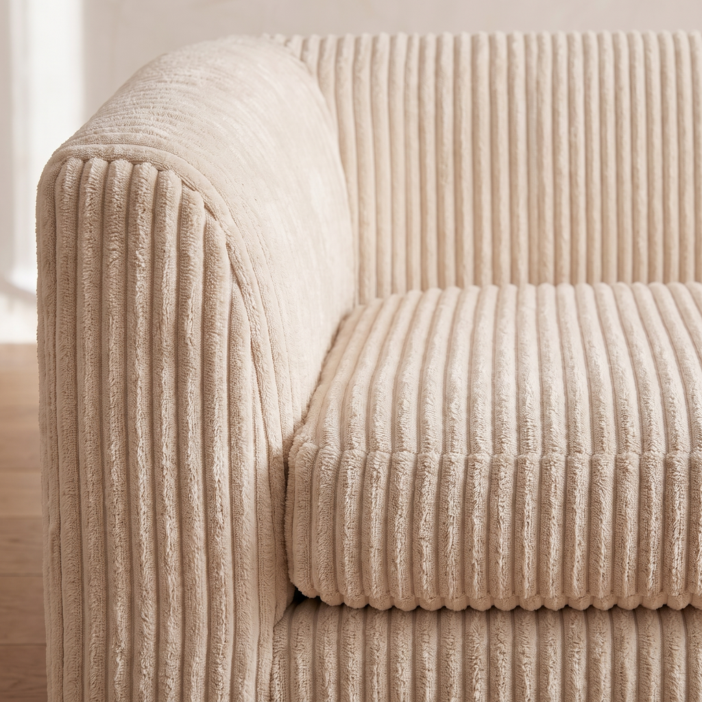 Close detail of the wide wale corduroy ribbing and stitched seam