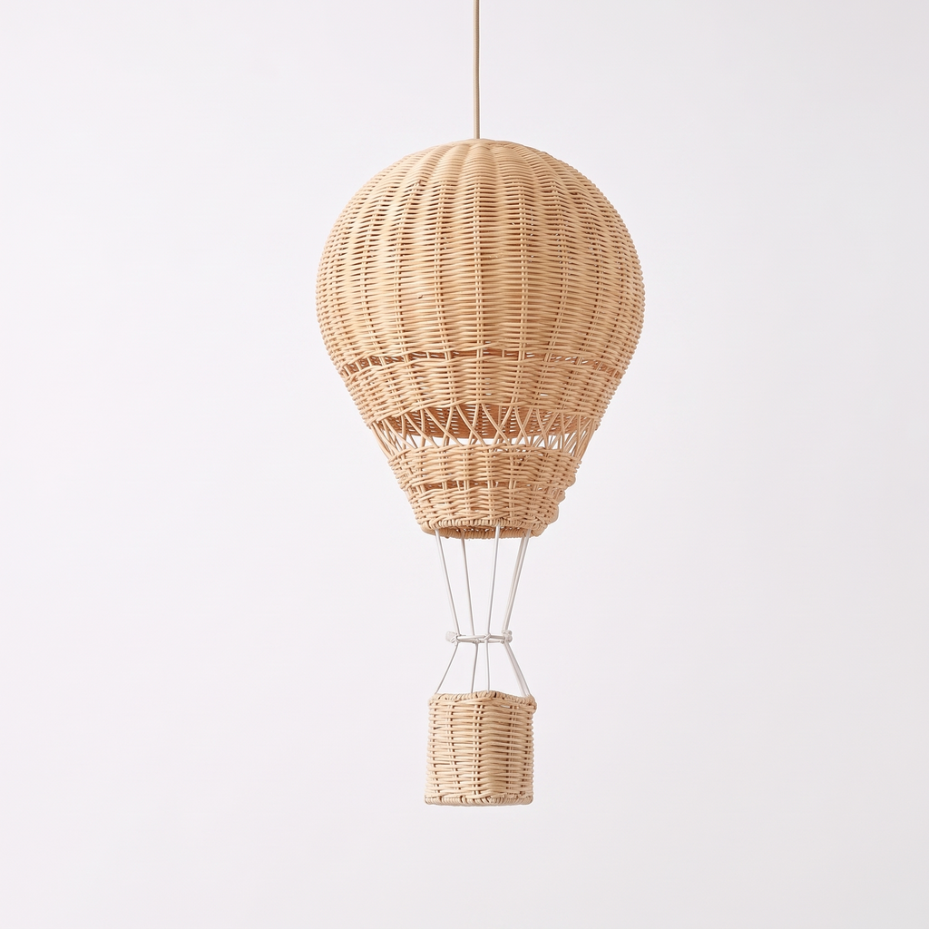 Atelieree Aero handwoven rattan hot air balloon pendant light on a white background