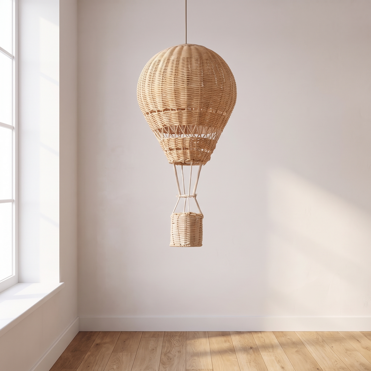 Rattan hot air balloon pendant light hanging in a nursery corner with oak floors