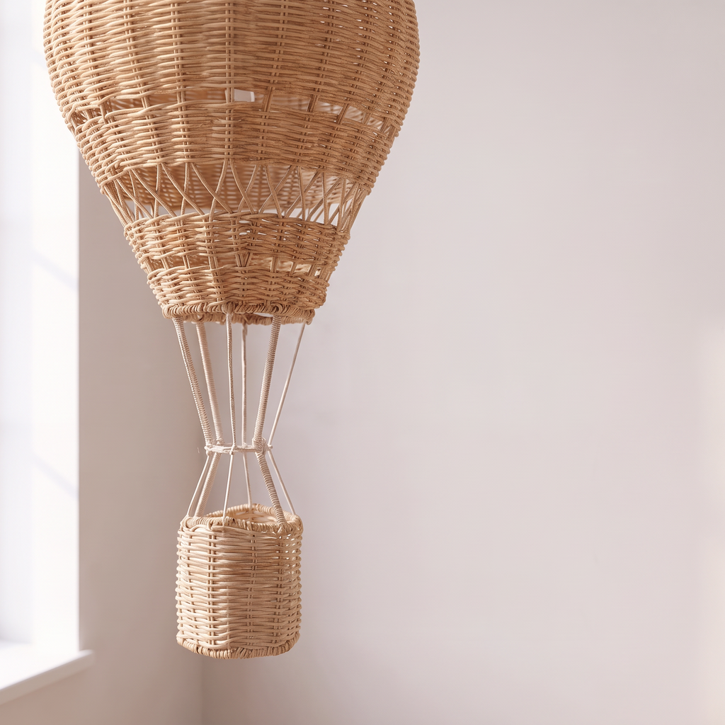 Close detail of the handwoven rattan weave and basket on the Atelieree Aero pendant
