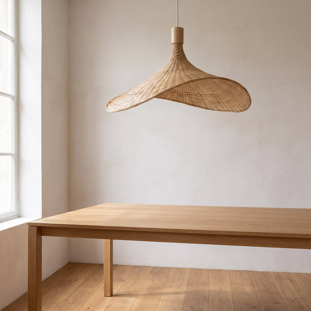 Woven rattan pendant hanging above an oak dining table in a pale room