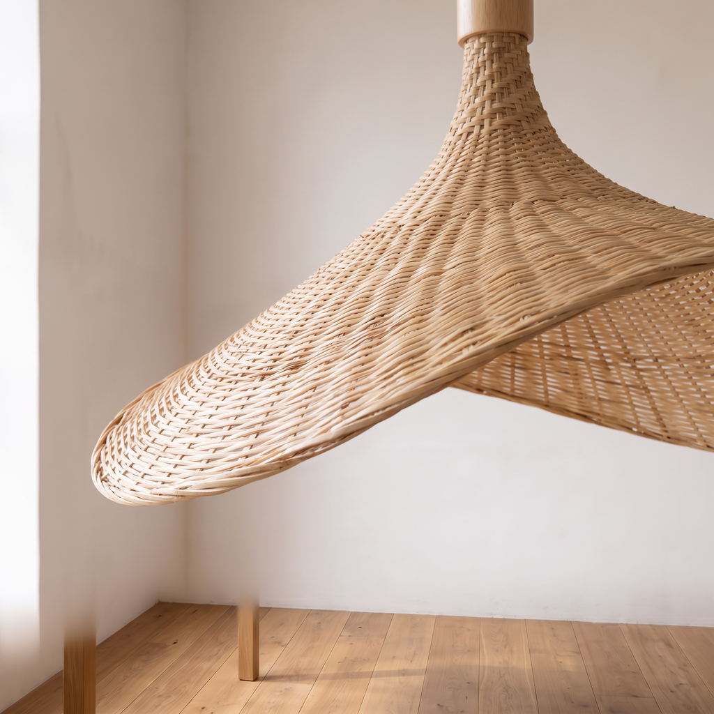 Close detail of the hand woven bamboo weave on the Atelieree Vimini pendant