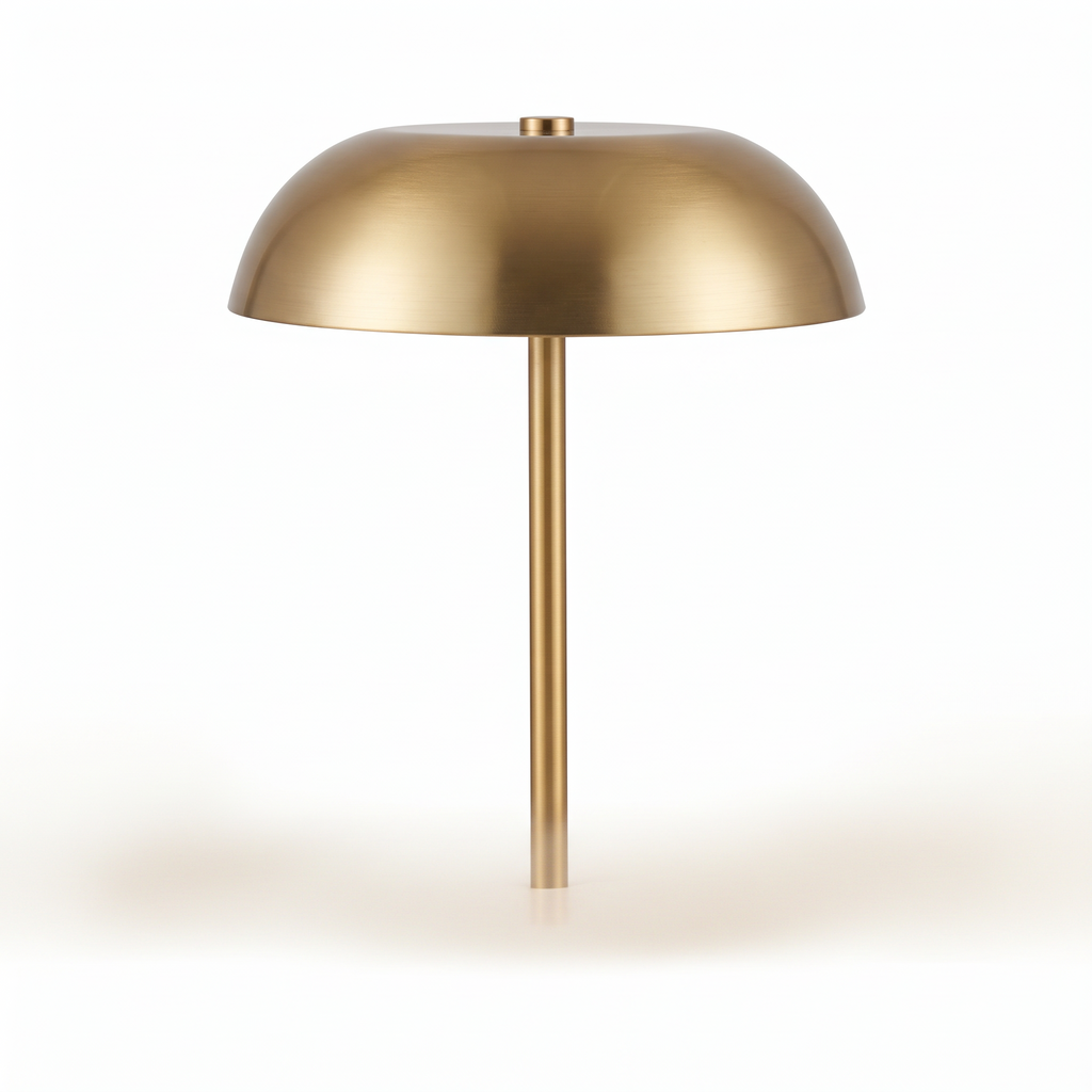 Gold iron cordless mushroom table lamp switched off on a white background