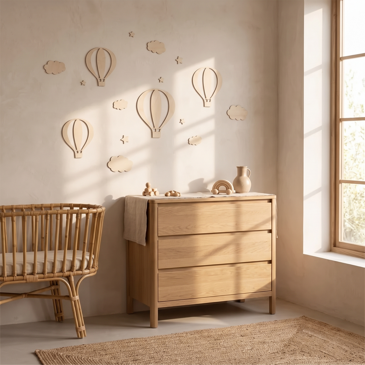 The wooden balloon and cloud set mounted on a pale nursery wall above an oak chest of drawers